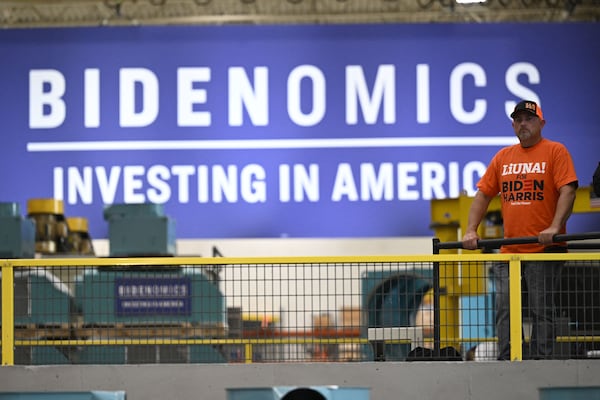 An employee listens to U.S. President Joe Biden speak about Bidenomics in Milwaukee, Aug. 15, 2023. One of President Joe Biden’s largest weaknesses, according to a new CNN poll, is voters’ lack of confidence in his basic ability to do the job. (Andrew Caballero-Reynolds/AFP/Getty Images/TNS)