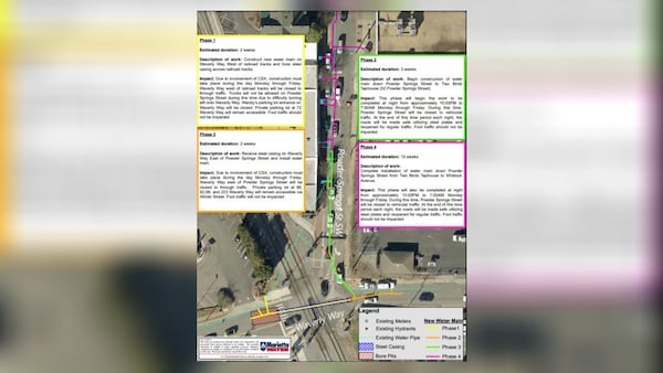 Traffic and construction plan for water main to be replaced along Waverly Way and Powder Springs Street near Marietta Square. (Courtesy of Marietta)