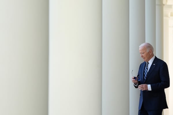 President Joe Biden walks to speak in the Rose Garden of the White House in Washington, Thursday, Nov. 7, 2024. (AP Photo/Mark Schiefelbein)