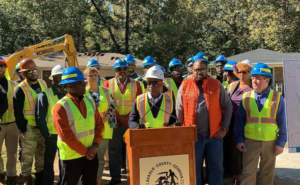 DeKalb CEO Michael Thurmond speaks ahead of the demolition on Melanie Court.