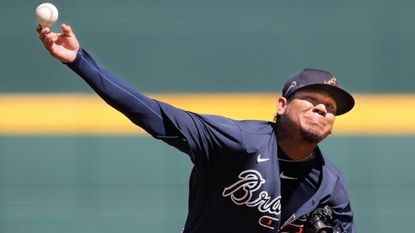 Braves starting pitcher Felix Hernandez delivers a pitch against the Baltimore Orioles  Saturday, Feb. 22, 2020, at CoolToday Park in North Port, Fla.  (Curtis Compton ccompton@ajc.com)