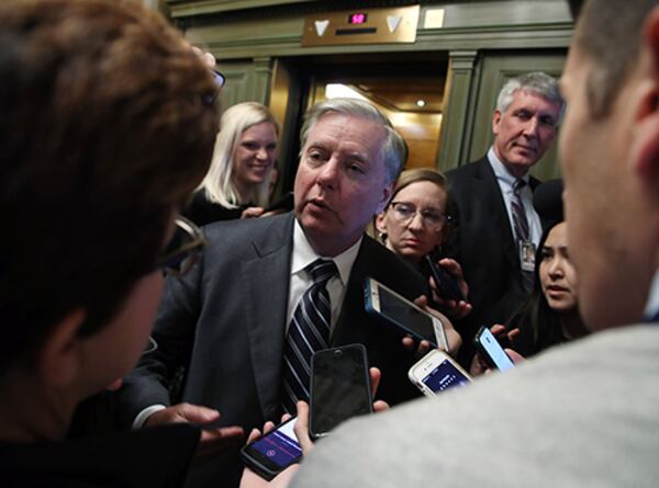 Senate Judiciary Committee Chairman Lindsey Graham (R-SC), speaks to reporters after introducing a resolution condemning the House impeachment inquiry against President Donald Trump, on Oct. 24 at the U.S. Capitol in Washington, D.C.