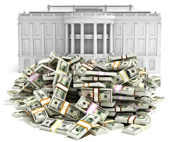 I.R.S ,debt deficit or buying presidency concept. Large pile of money in front of the White house.