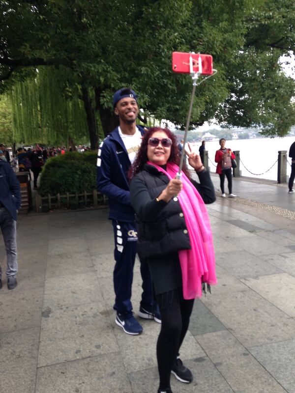  Georgia Tech guard Shembari Phillips poses for a selfie Sunday in Hangzhou, China. (AJC photo by Ken Sugiura)