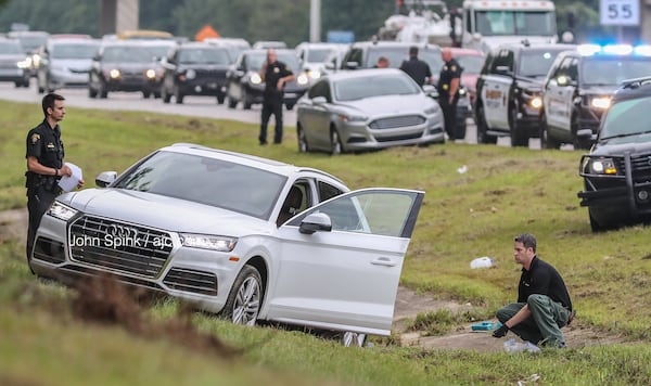 Several purses and a commercial leaf blower were recovered from a silver Audi sedan Friday morning, authorities said.