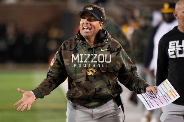 Missouri head coach Eliah Drinkwitz argues a call during the second half of an NCAA college football game against Oklahoma Saturday, Nov. 9, 2024, in Columbia, Mo. Missouri won 30-23. (AP Photo/L.G. Patterson)