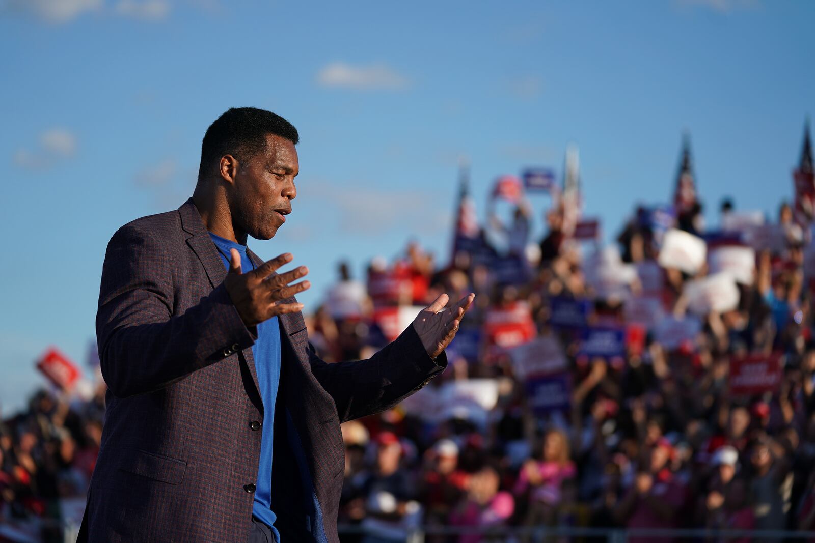 Republican U.S. Senate candidate Herschel Walker, who was urged to run by former President Donald Trump, holds commanding leads in the GOP field in terms of polling and fundraising. (Sean Rayford/Getty Images/TNS)