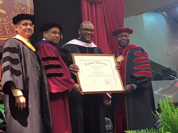 "I was the commencement speaker today for the 2016 graduating class of Tuskegee University," Tyler Perry posted with this image. "Thank you for having me and giving me my first honorary doctorate. Thank you President Johnson, Chairman Page, faculty, staff and students. Congrats to the class of 2016."