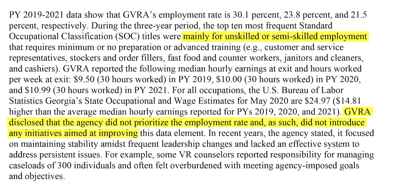 This audit by the U.S. Rehabilitation Services Administration found that the GVRA did not prioritize improving the employment rate for its participants, and that employment found was for unskilled or semiskilled positions.