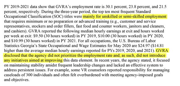 This audit by the U.S. Rehabilitation Services Administration found that the GVRA did not prioritize improving the employment rate for its participants, and that employment found was for unskilled or semiskilled positions.