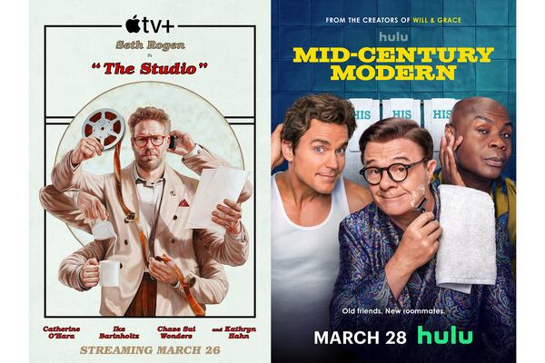 This combination of photos show promotional art for the series "The Studio," left, and the series "Mid-Century Modern." (Apple TV+/Hulu via AP)