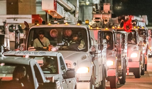 Georgia Power crews roll out from Jonesboro and head toward Savannah, where more than 10,000 customers are without power Thursday morning after Hurricane Dorian chewed up the Georgia coast. More outages are expected, according to the company. 