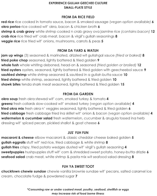 The menu for Virgil's Gullah Kitchen & Bar