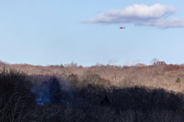 A New Jersey Forest Fire Service helicopter flies over a patch of wildfire near the town of Awosting, N.J., Monday, Nov. 11, 2024. (AP Photo/Stefan Jeremiah)