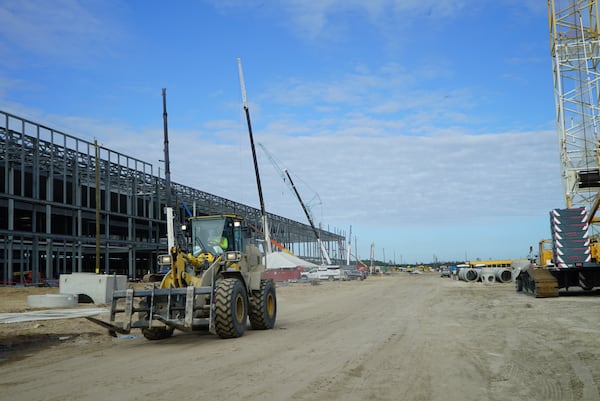 A view of construction progress at the future site of Hyundai Motor Group's 'Metaplant' in Bryan County near Savannah is shown on October 25, 2023. The $7.6 billion factory electric vehicle and battery plant is expected to begin production in early 2025. (Drew Kann@drew.kann@ajc.com