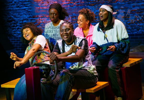 The cast of Theatrical Outfit’s “Flex” features India S. Tyree (clockwise from left), Hailey Elizabeth, Aminah Williams, Kenisha Johnson and Whitney Nelson.
(Courtesy of Theatrical Outfit/Casey Gardner Ford Photography)