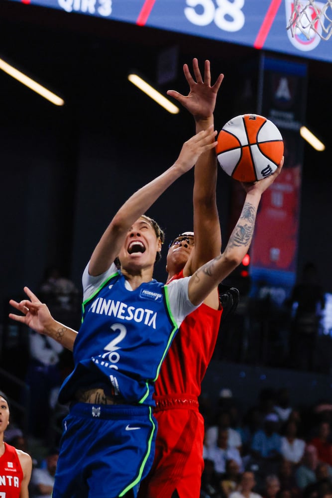 Atlanta Dream guard Allisha Gray tries blocking a shot from Minnesota Lynx guard Natasha Hiedeman (2) during the second half at Gateway Center Arena on Sunday, May 26, 2024, in Atlanta.
(Miguel Martinez / AJC)