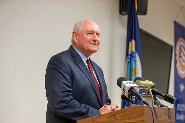 United States Secretary of Agriculture Sonny Perdue speaks with media during a presser following a tour of the U.S. Department of Agriculture's National Detector Dog Training Facility in Newnan, Friday, April 5, 2019.  (ALYSSA POINTER/ALYSSA.POINTER@AJC.COM)