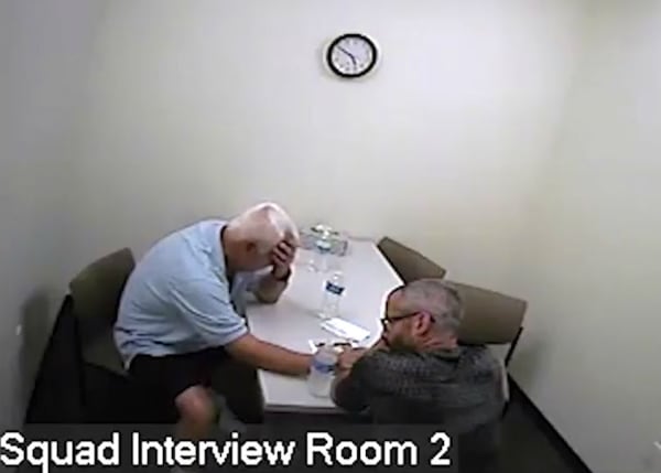 Ronnie Watts, left, sits with his son, 33-year-old Chris Watts, on Aug. 15, 2018, at the Frederick, Colorado, police station after the younger man admitted to strangling his pregnant wife, Shanann Watts, 34, two days earlier in their home. Chris Watts claimed he did so in a rage after seeing his wife kill their daughters, Bella, 4, and 3-year-old Celeste. Investigators did not believe Chris Watts, who pleaded guilty to all three killings Nov. 6 and has been sentenced to five life terms in prison.