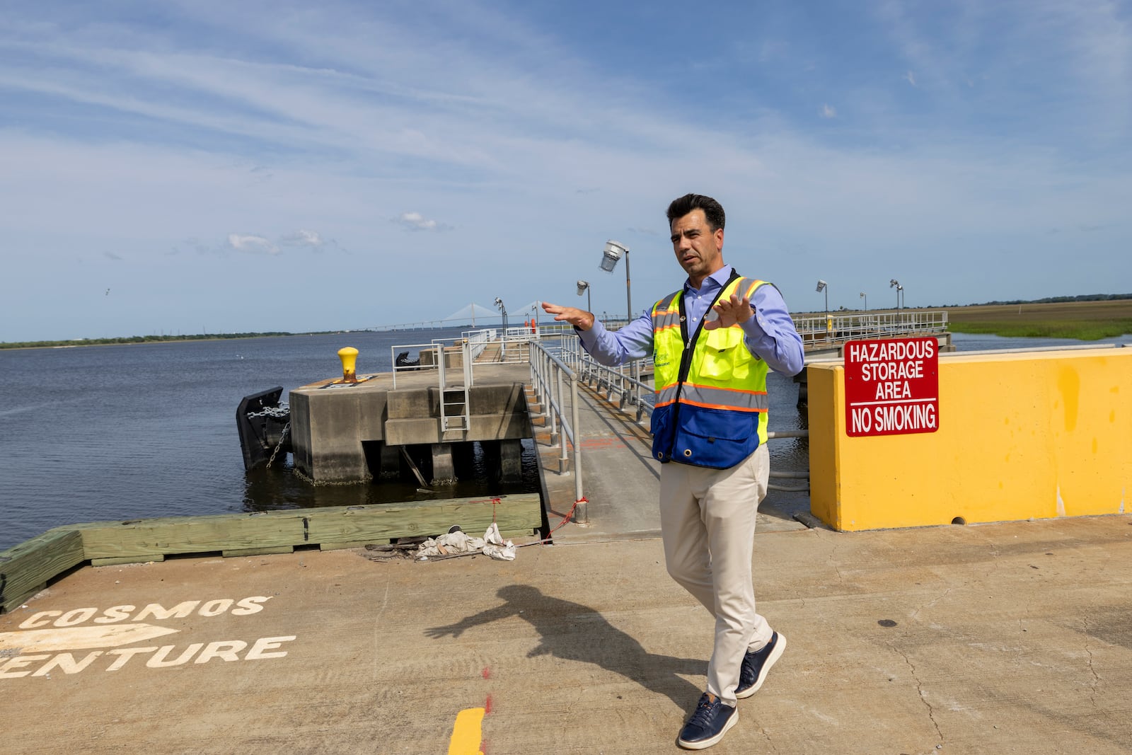 Flavio Batista explaining the usual ship activity at the Brunswick port facilities on Tuesday, May 14, 2024 in Brunswick, GA. (AJC Photo/Katelyn Myrick)