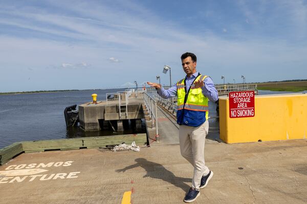 Flavio Batista explaining the usual ship activity at the Brunswick port facilities on Tuesday, May 14, 2024 in Brunswick, GA. (AJC Photo/Katelyn Myrick)