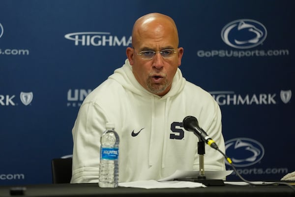 Penn State head coach James Franklin answers questions after a win over Minnesota in an NCAA college football game, Saturday, Nov. 23, 2024, in Minneapolis. (AP Photo/Abbie Parr)