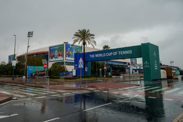 A general view of the Martin Carpena sportshall during the Billie Jean King Cup finals in Malaga, southern Spain, Wednesday, Nov. 13, 2024, after today's matches were canceled due to heavy rain and postponed until tomorrow. (AP Photo/Manu Fernandez)