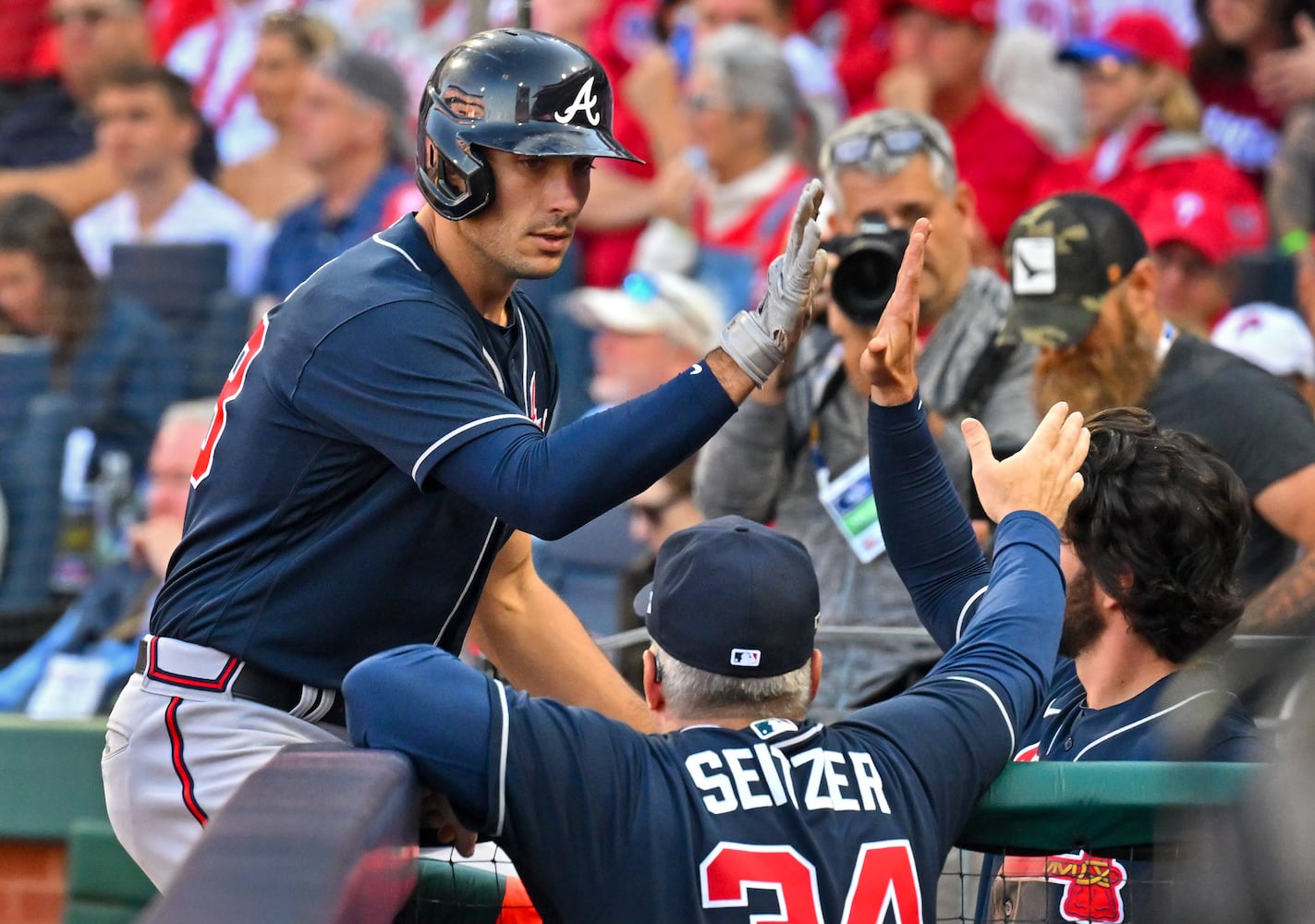 Braves first baseman Matt Olson celebrates a solo home run against the host Phillies during the fourth inning Saturday in Game 4 of the NLDS. (Hyosub Shin / Hyosub.Shin@ajc.com)