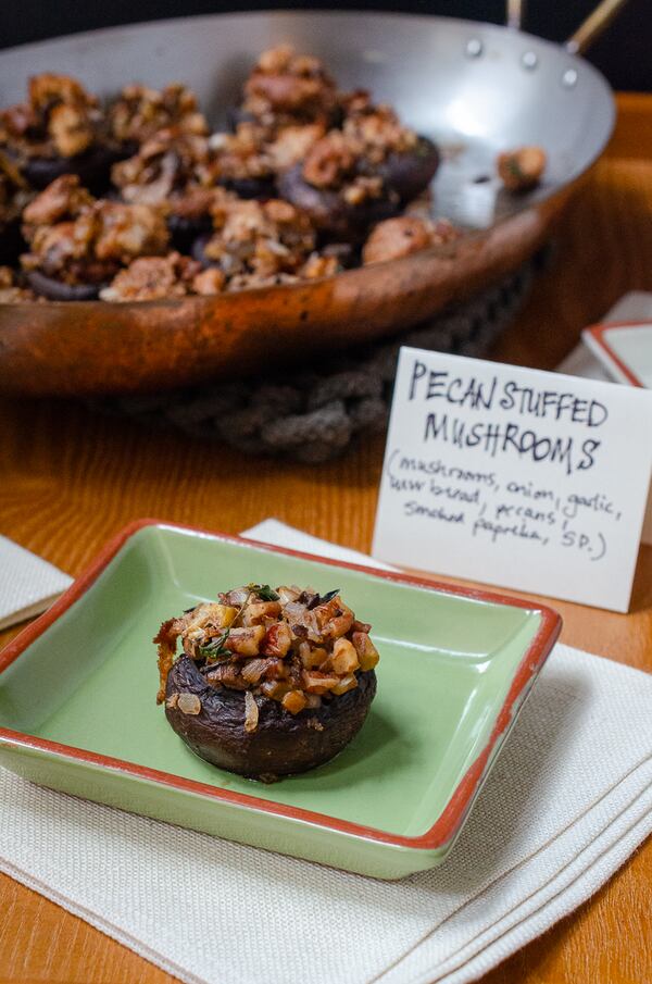 Made with heart-healthy pecans and whole grains, Pecan Stuffed Mushrooms are meatless yet rich and meaty-tasting. (Virginia Willis for The Atlanta Journal-Constitution)