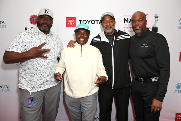 From left, Eugene "Big U" Henley, Alex Thomas, Norman Nixon and Chris Spencer attend the 53rd NAACP Image Awards Celebrity Golf Invitational on Feb. 22, 2022, in Los Angeles. (JC Olivera/Getty Images/TNS)