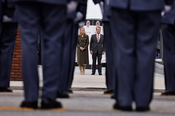 Gov. Brian Kemp prepares to review troops following his inauguration Thursday at the Georgia State University Convocation Center. (Natrice Miller/Atlanta Journal-Constitution/TNS)