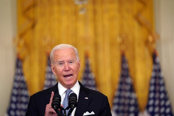 President Joe Biden delivers remarks on Afghanistan in the East Room of the White House in Washington on Monday, Aug. 16, 2021.  (Stefani Reynolds/The New York Times)