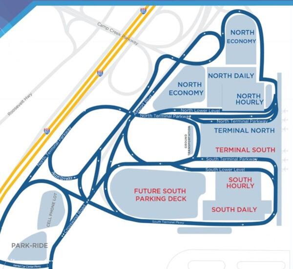 This map shows South Terminal Parkway and the South Lower Level that will each be closed on different days for construction of a pedestrian bridge between Terminal South and the Future South Parking Deck. The Ground Transportation center will also be closed for a period for construction. Source: Hartsfield-Jackson