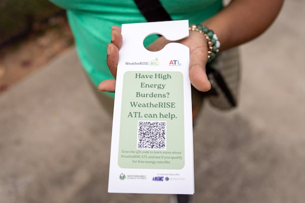 Canvassers knock on doors to promote the city’s WeatheRISE weatherization program in Atlanta Friday, October 27, 2023. (Arvin Temkar / arvin.temkar@ajc.com)