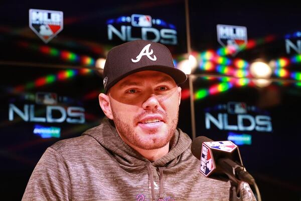 Braves' Freddie Freeman takes questions during his pregame news conference Thursday.   Curtis Compton/ccompton@ajc.com