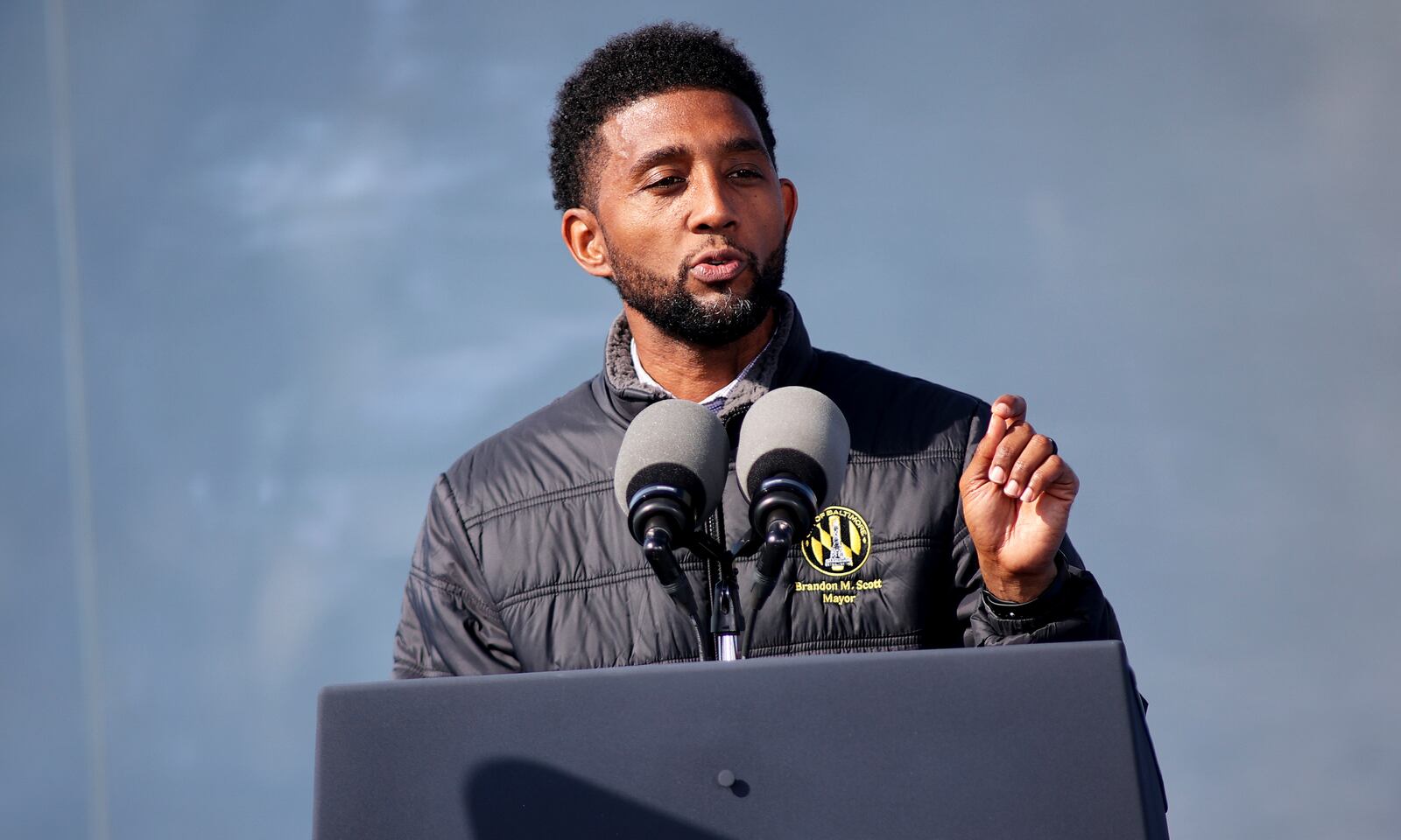 Baltimore Mayor Brandon M. Scott speaks, Tuesday, Oct. 29, 2024, at the Dundalk Marine Terminal in Baltimore. (AP Photo/Daniel Kucin Jr.)