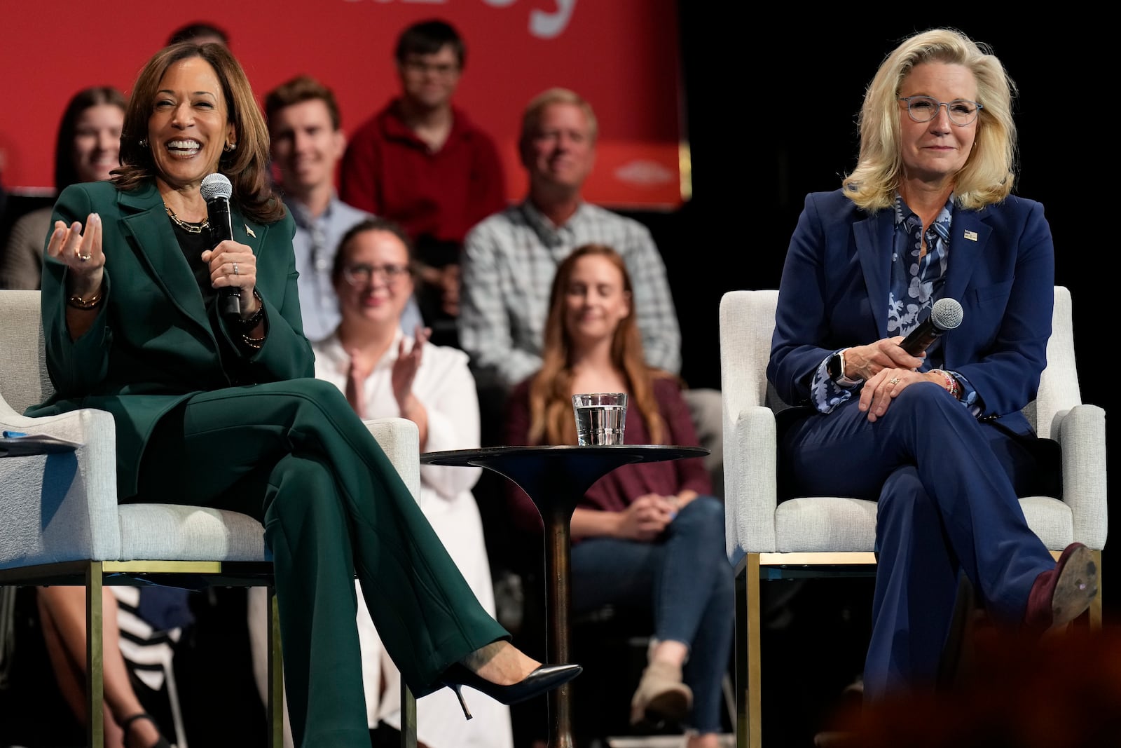 Vice President Kamala Harris (left) was joined by former Congresswoman Liz Cheney at a town hall in Brookfield, Wis., on Monday.