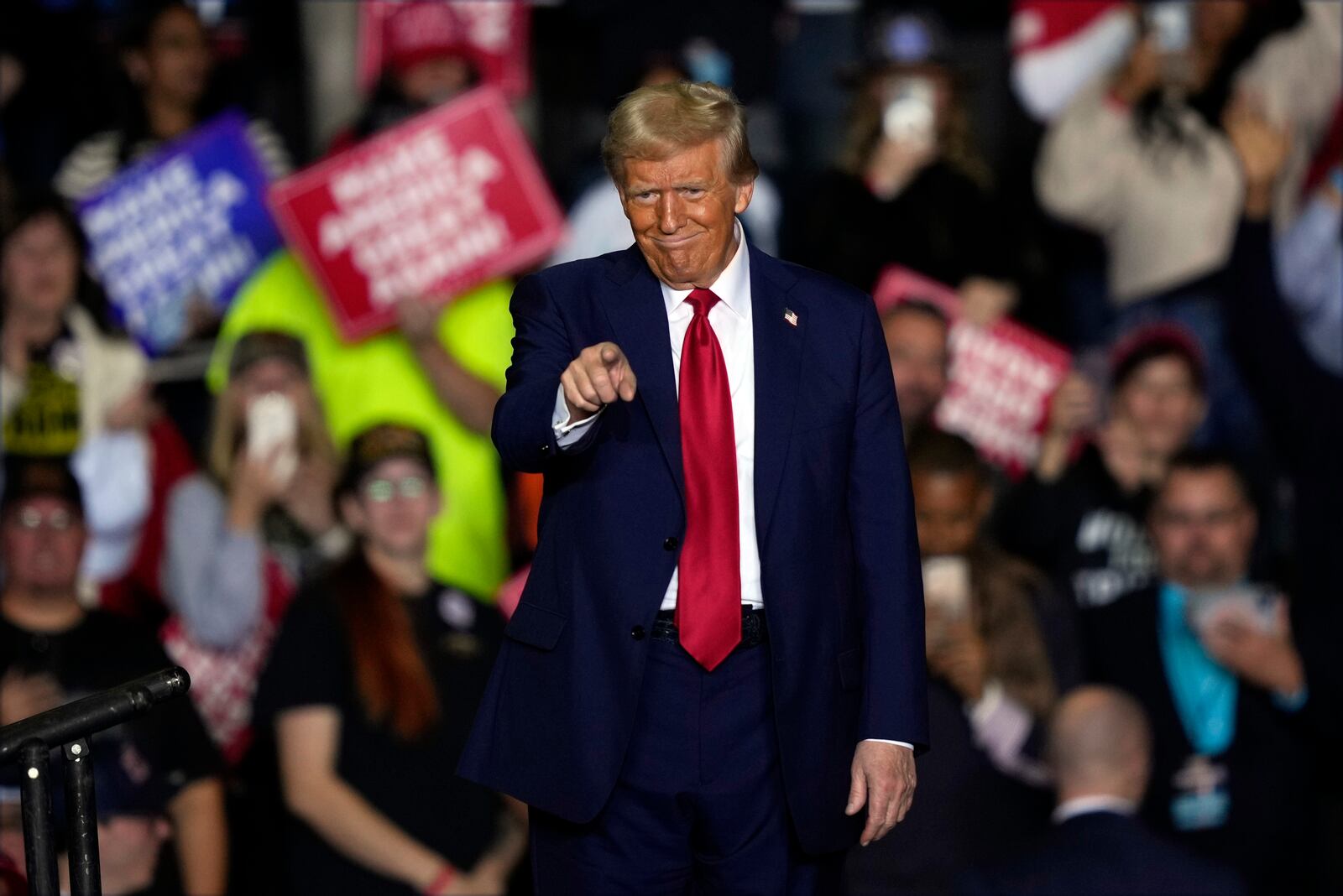 Republican presidential nominee former President Donald Trump gestures at a campaign rally in Allentown, Pa., Tuesday, Oct. 29, 2024. (AP Photo/Matt Rourke)