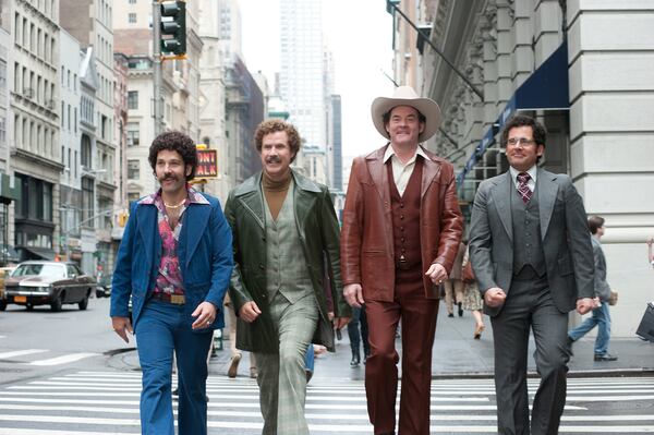 Paul Rudd, from left, Will Ferrell, David Koechner and Steve Carell in a still from Paramount Pictures' "Anchorman 2," which was filmed in Atlanta. Photo credit: Gemma LaMana