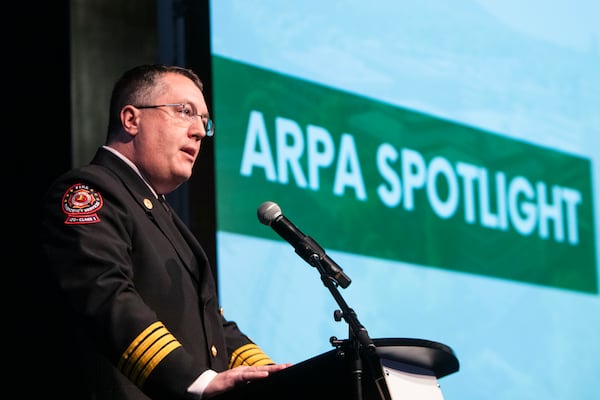 Nick Adams, Division Chief for Cobb Emergency Services, speaks during the Cobb State of the County address on Thursday, May 4, 2023, at the Jennie T. Anderson Theatre in Marietta, Georgia. Cobb Chairwoman Lisa Cupid and other members of the Cobb government spoke to attendees at the event.  CHRISTINA MATACOTTA FOR THE ATLANTA JOURNAL-CONSTITUTION.