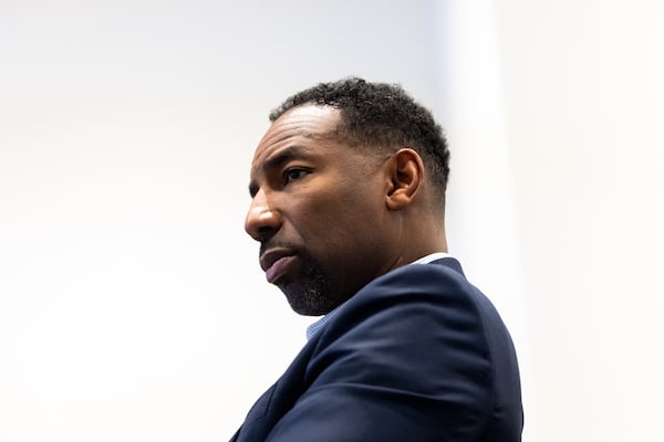 Mayor Andre Dickens speaks with reporters and editors during an editorial board meeting at the Atlanta Journal-Constitution office in Atlanta on Monday, Feb. 10, 2025. (Arvin Temkar / AJC)