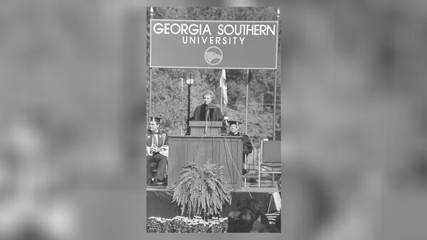 U.S. Supreme Court Justice Sandra Day O’Connor spoke at Georgia Southern University in 1990 at the invitation of President Nicholas “Nick” Henry. (Courtesy Georgia Southern University)