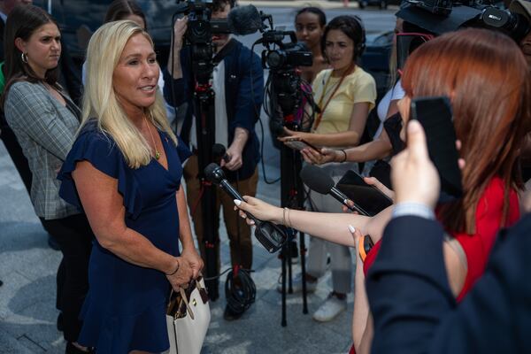 U.S. Marjorie Taylor Greene, R-Rome, speaks to the news media on July 12th, 2023 in Washington, DC. Yesterday she was in Milwaukee to stump for former President Donald Trump, who did not attend the Republican presidential primary debate there. (Nathan Posner for The Atlanta Journal-Constitution)