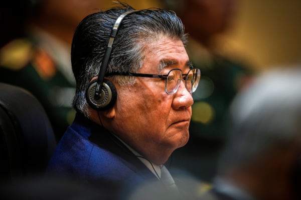 Thai Defence Minister Phumtham Wechayachai listens during the ASEAN Defence Ministers' informal Meeting in Vientiane, Laos, Wednesday, Nov. 20, 2024. (AP Photo/Anupam Nath)