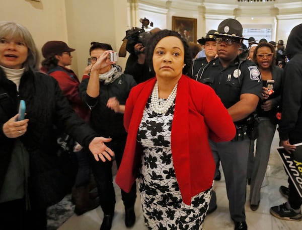 State Sen.  Nikema Williams was among the demonstrators detained in the Georgia Capitol rotunda.   BOB ANDRES / BANDRES@AJC.COM