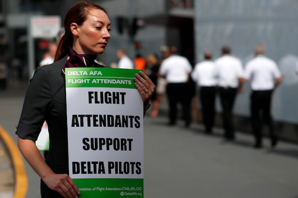 Not only did Delta Pilots show up to the protest, fly attendants also were present on Thursday, June 30, 2022. Miguel Martinez / Miguel.martinezjimenez@ajc.com