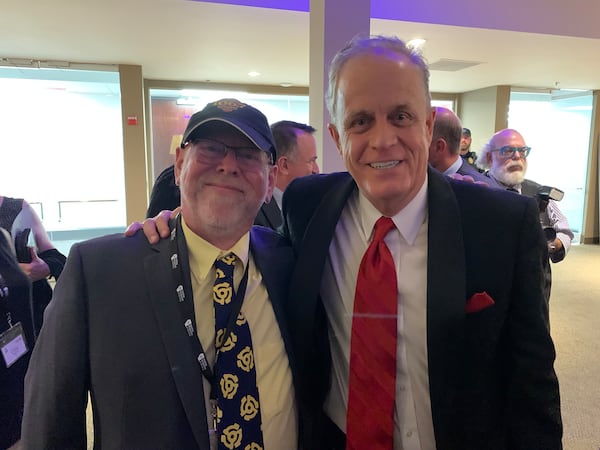 Spiff Carner, former Fox 97 morning host, with new Georgia Radio Legends inductee and WSB marketing exec and sports broadcaster Neil "Hondo" Williamson at the Friends of Georgia Radio induction ceremony August 27, 2022. RODNEY HO/rho@ajc.com