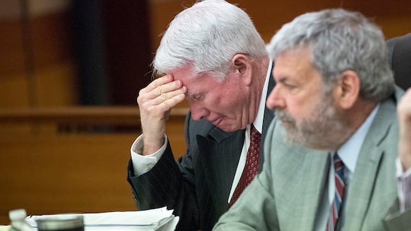 03/15/2018 -- Atlanta, GA - Claud "Tex" McIver becomes emotional while a surveillance video is played during the third day of his trial before Fulton County Chief Judge Robert McBurney, Tuesday, March 15, 2018. ALYSSA POINTER/ALYSSA.POINTER@AJC.COM