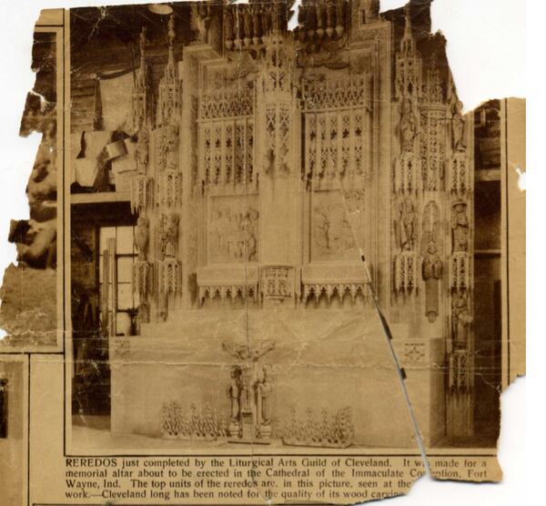 A Dec. 4, 1932 clipping from the Cleveland Plain Dealer, showing a reredos bound for the Cathedral of the Immaculate Conception in Fort Wayne, Ind., carved by the Liturgical Arts Guild of Cleveland.