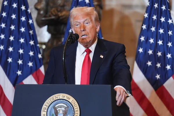 FILE - President Donald Trump speaks at the National Prayer Breakfast at the Capitol in Washington, Feb. 6, 2025. (AP Photo/Evan Vucci, File)